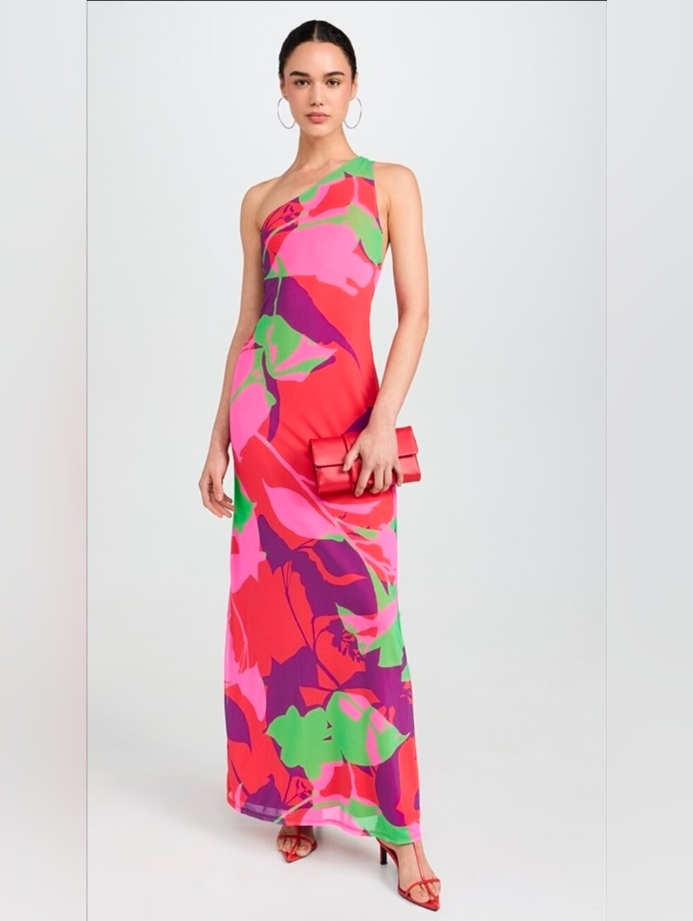 AFRM One-Shoulder Maxi Dress in Red, Pink, Purple & Green Floral